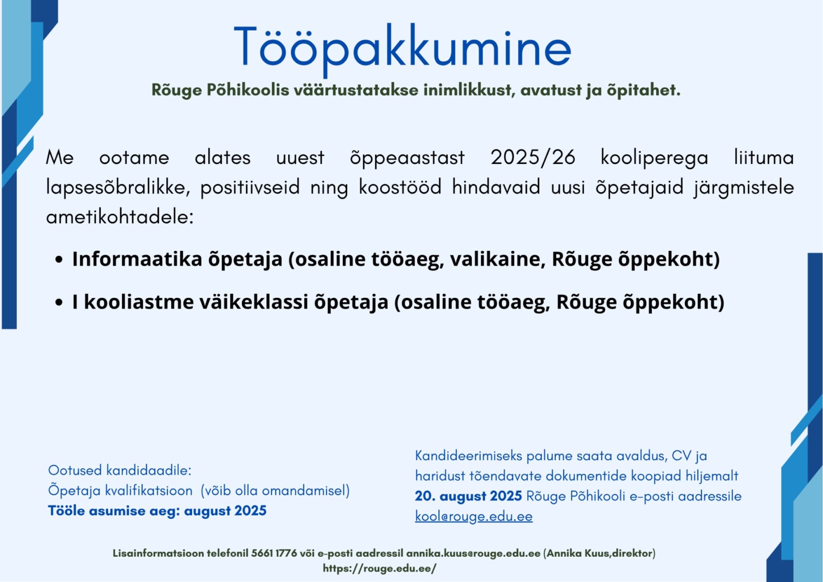 Rõuge Põhikool ootab oma meeskonda kahte õpetajat