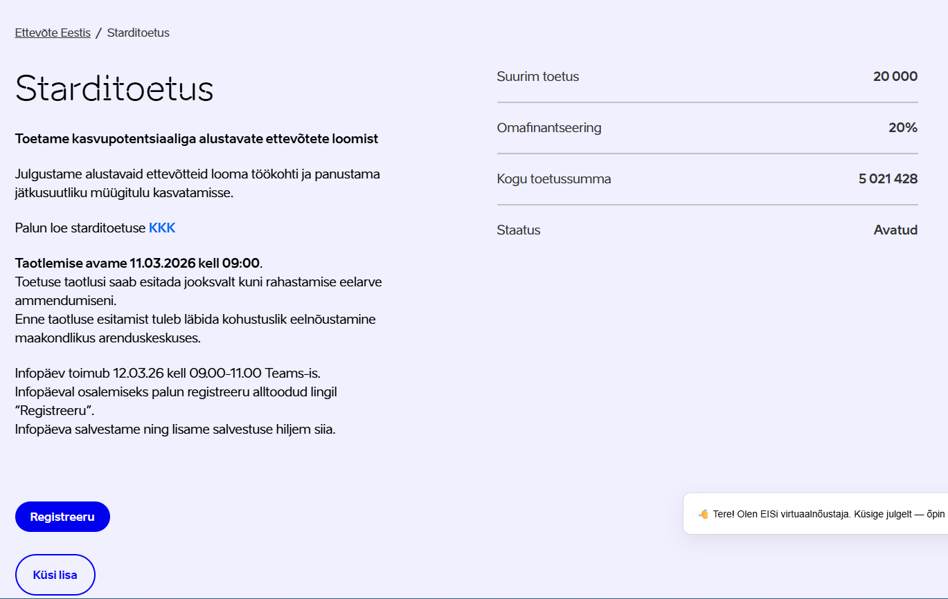 Ettevõtete starditoetus: kuvatõmmis EIS kodulehelt